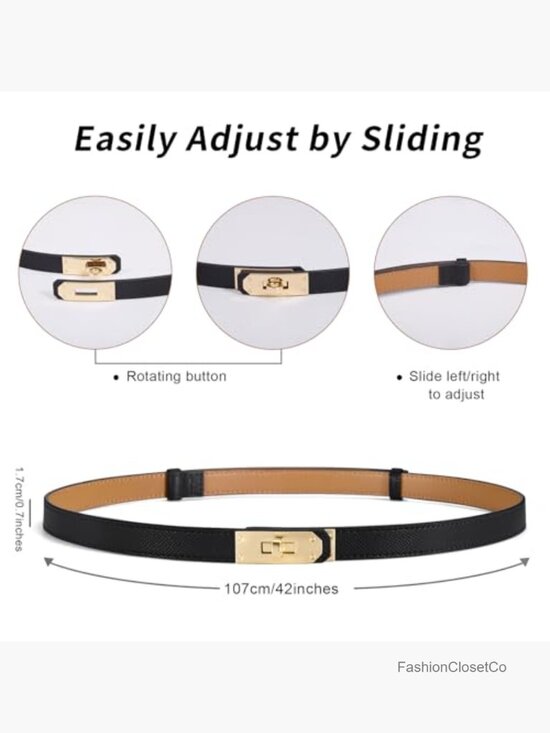 Skinny Leather Belt with Turn-Lock Buckle - Adjustable Thin Belt for Dresses, main image 4